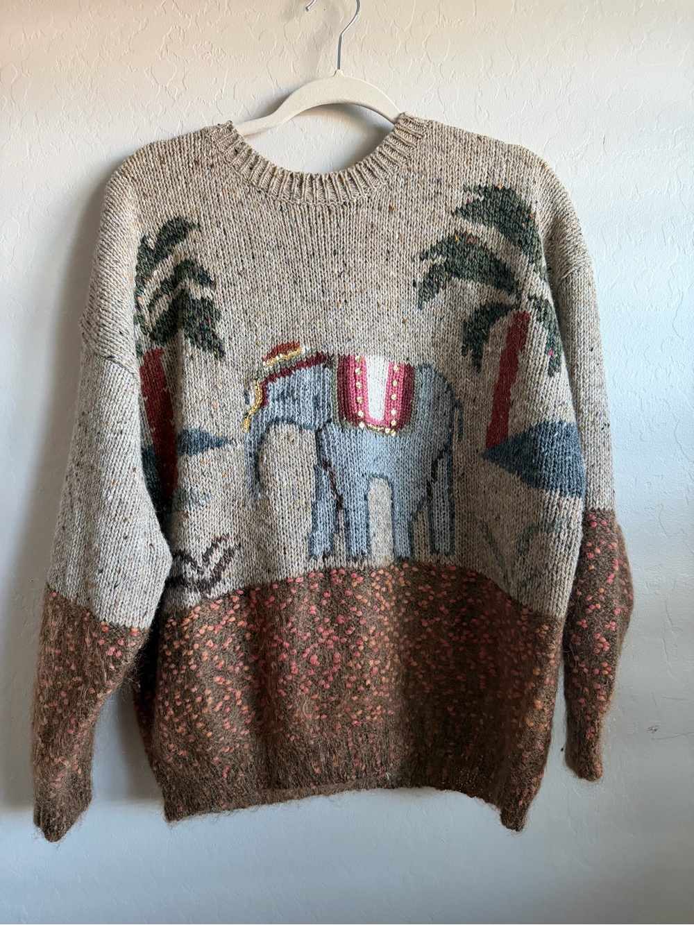 Together Neutral Elephant Crewneck Sweater with Brown Speckled Hem